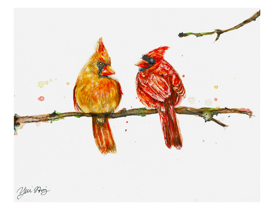 "Couple love Cardinal" Abtract watercolor bird art prints - NO FADE GUARANTEE